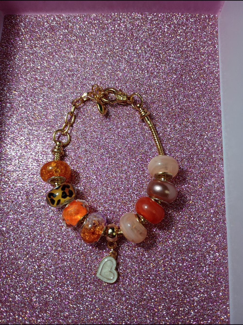 Pandora Style Gold Tone Bracelet with Orange and Peach Glass Beads w/Heart Charm